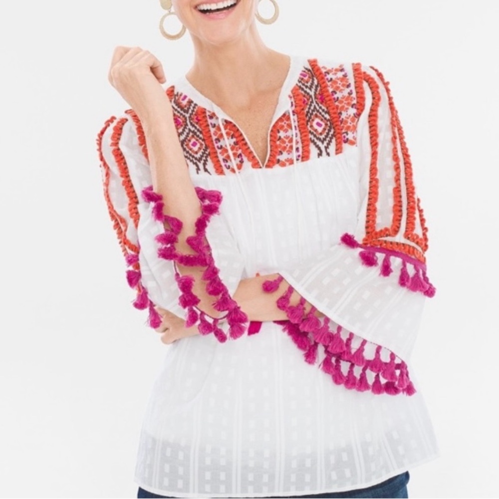 Chico’s Embroidered Top with Tassels
Size S/M